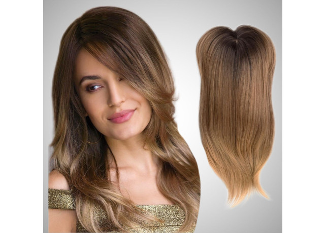 Peruca partiala cu breton Ombre Saten Inchis/ Blond natural inchis